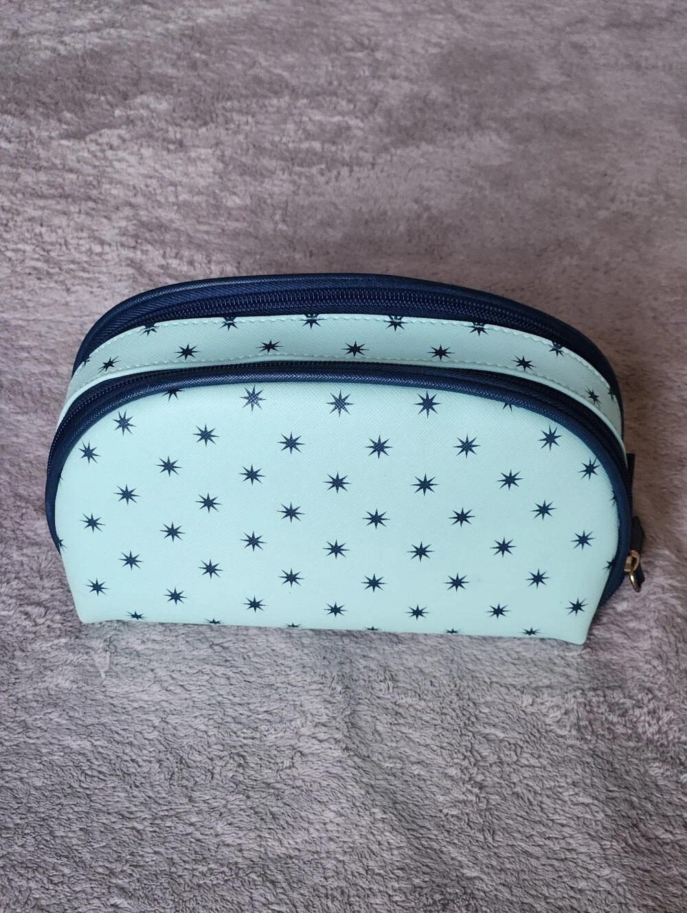 Dabney Lee Mint Navy Star Print Cosmetic Travel Toiletries Bag Pouch Duo Set